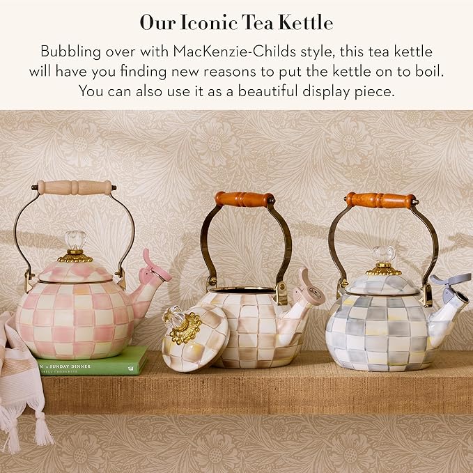 Enamel Whistling Tea Kettle, Decorative Teapot for Stovetop, Brown-and-White Mocha Check