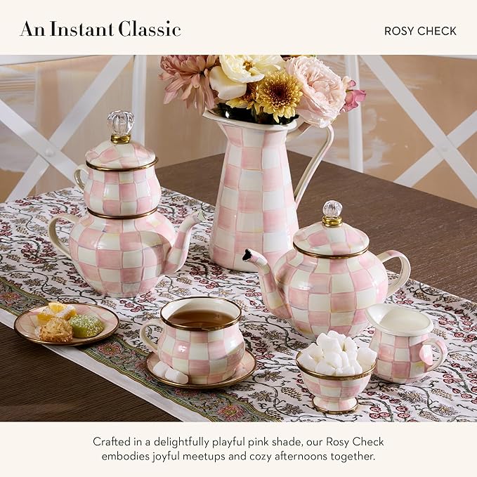 Enamel Teapot, Cute Small Teapot with Lid, 4-Cup Capacity, Pink-and-White Rosy Check
