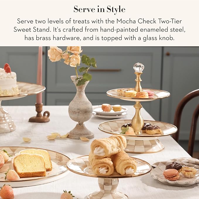 Enamel Two-Tier Sweet Stand, Two-Tiered Serving Tray for Dessert, Brown-and-White Mocha Check
