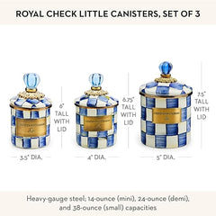 Enamel Canister Set, Mini (14 oz.), Demi (24 oz.), and Small (38 oz.) Kitchen Containers, Blue-and-White Royal Check
