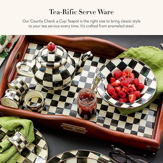 Enamel Teapot, Cute Small Teapot with Lid, 4-Cup Capacity, Black-and-White Courtly Check