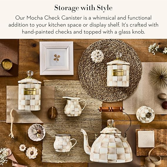 Small Enamel Canister, Kitchen Storage Container with Lid, Brown-and-White Mocha Check