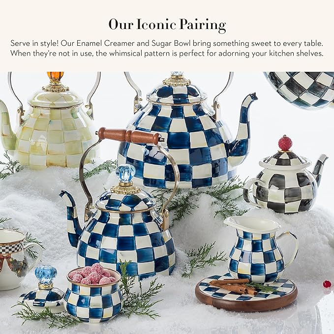 Enamel Creamer and Sugar-Bowl Set, Cream Dispenser and Sugar Holder, Unique Kitchen Decor, Blue-and-White Royal Check
