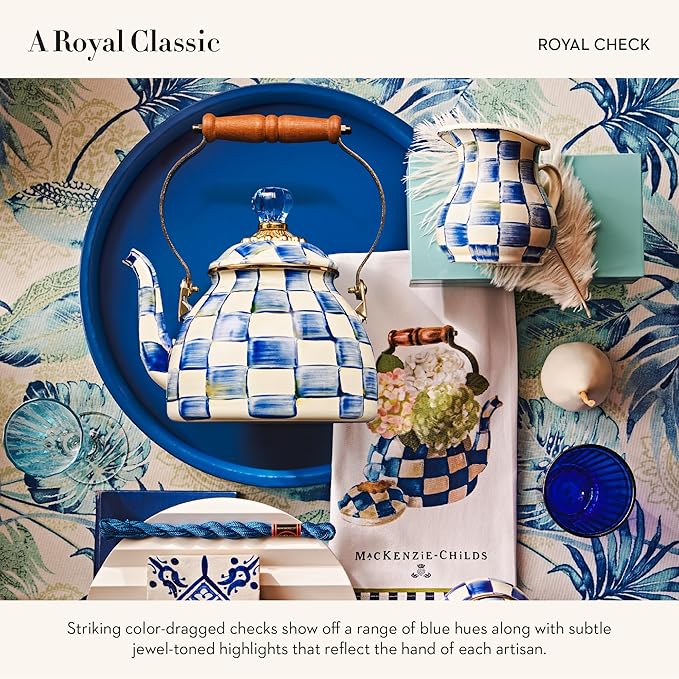 Enamel Creamer, Creamer Dispenser with Pour Spout, Kitchen Enamelware, 14-Ounce Capacity, Blue-and-White Royal Check