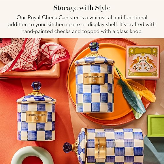 Medium Enamel Canister, Kitchen Storage Container for Flour and Sugar, 1.42 Liters, Blue-and-White Royal Check