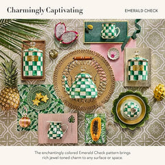 Enamel Lidded Sugar Bowl, Small Serving Bowl with Lid, 10-Ounce Capacity, Green-and-White Emerald Check