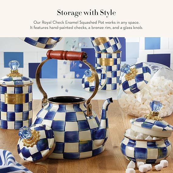 Enamel Squashed Pot, Cute Enameled Container with Lid, 20 Ounces, Blue-and-White Royal Check