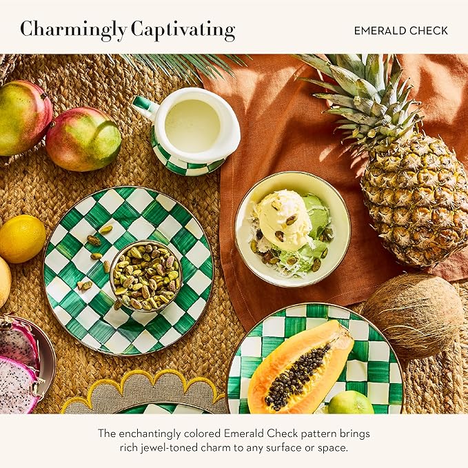 Enamel Creamer, Creamer Dispenser with Pour Spout, 14-Ounce Capacity, Green-and-White Emerald Check