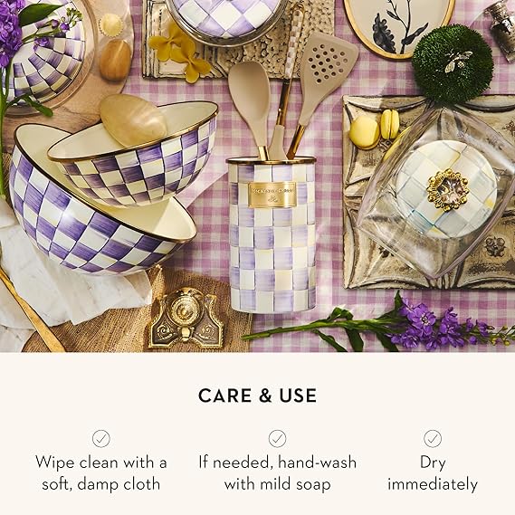 Enamel Utensil Holder, Stylish Kitchen Countertop Organizer, Purple-and-White Violet Check