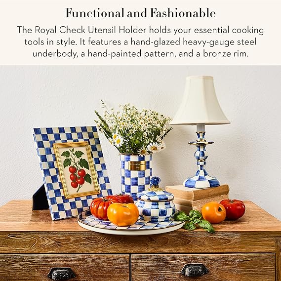 Enamel Utensil Holder, Kitchen Utensil Holder for Countertop, Storage Caddy, Blue-and-White Royal Check