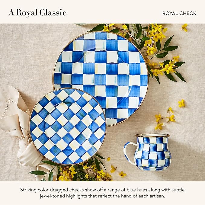 Enamel Mug, Cute Enamelware Coffee and Tea Mug, Unique Drinkware, 16 Ounces, Blue-and-White Royal Check, Set of 4