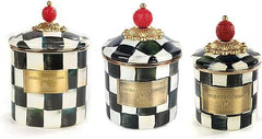 Enamel Canister Set, Mini (14 oz.), Demi (24 oz.), and Small (38 oz.) Kitchen Containers, Black-and-White Courtly Check