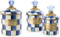 Enamel Canister Set, Mini (14 oz.), Demi (24 oz.), and Small (38 oz.) Kitchen Containers, Blue-and-White Royal Check