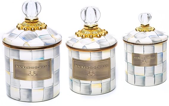 Enamel Canister Set, Mini (14 oz.), Demi (24 oz.), and Small (38 oz.) Kitchen Containers, Gray-and-White Sterling Check
