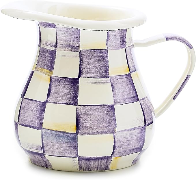 Enamel Creamer, Creamer Dispenser with Pour Spout, 14-Ounce Capacity, Purple-and-White Violet Check