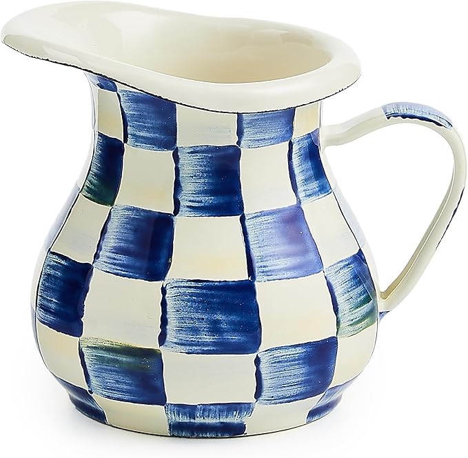 Enamel Creamer, Creamer Dispenser with Pour Spout, Kitchen Enamelware, 14-Ounce Capacity, Blue-and-White Royal Check