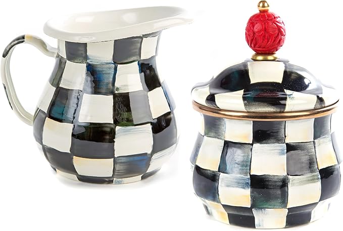 Enamel Creamer and Sugar-Bowl Set, Cream Dispenser and Sugar Holder, Unique Kitchen Decor, Black-and-White Courtly Check