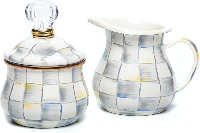 Enamel Creamer and Sugar-Bowl Set, Cream Dispenser and Sugar Holder, Unique Kitchen Decor, Gray-and-White Sterling Check