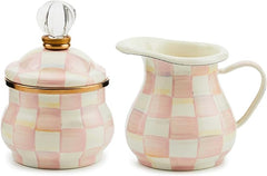 Enamel Creamer and Sugar-Bowl Set, Cream Dispenser and Sugar Holder, Unique Kitchen Decor, Pink-and-White Rosy Check