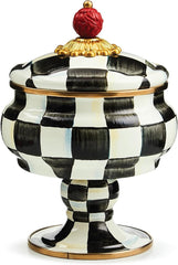 Enamel Curiosity Pot, Decorative Container for Home Decor, Black-and-White Courtly Check