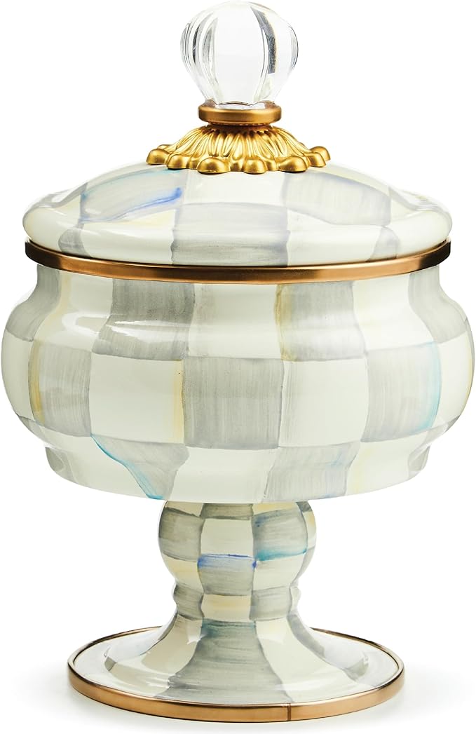 Enamel Curiosity Pot, Decorative Container for Home Decor, Gray-and-White Sterling Check