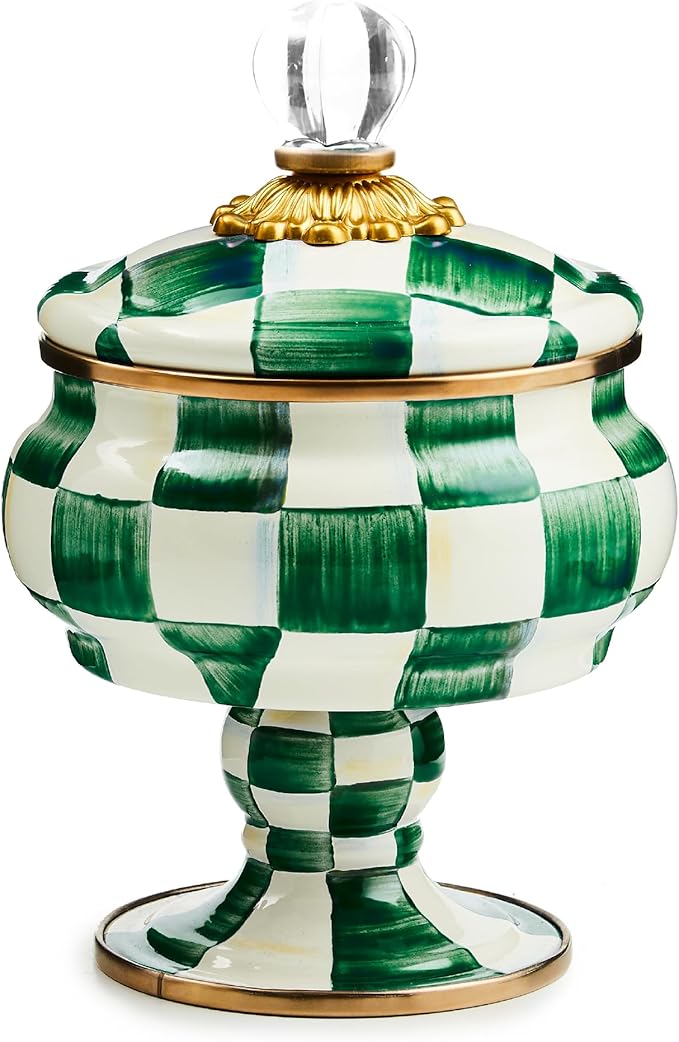 Enamel Curiosity Pot, Decorative Container for Home Decor, Green-and-White Emerald Check