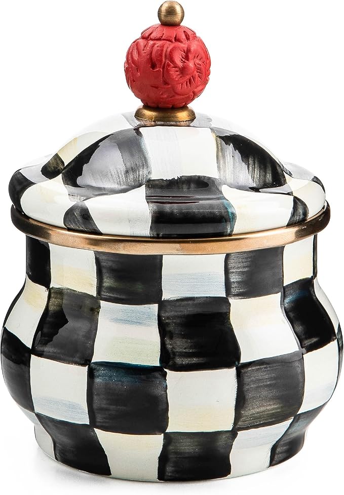 Enamel Lidded Sugar Bowl, Small Serving Bowl with Lid, 10-Ounce Capacity, Black-and-White Courtly Check