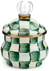 Enamel Lidded Sugar Bowl, Small Serving Bowl with Lid, 10-Ounce Capacity, Green-and-White Emerald Check