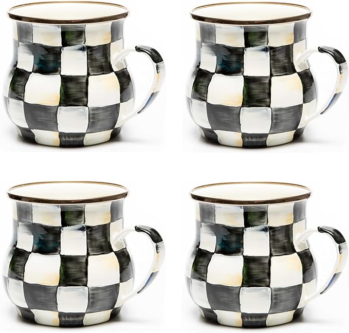 Enamel Mug, Cute Enamelware Coffee and Tea Mug, Unique Drinkware, 16 Ounces, Black-and-White Courtly Check, Set of 4