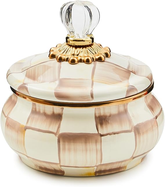 Enamel Squashed Pot, Cute Enameled Container with Lid, 20 Ounces, Brown-and-White Mocha Check