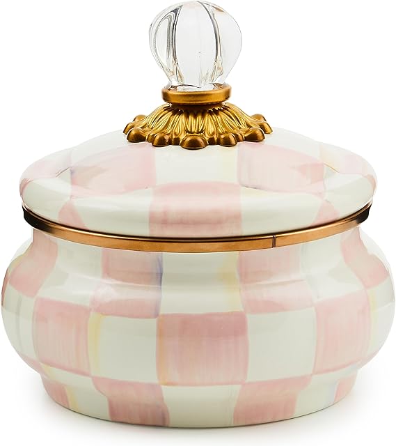 Enamel Squashed Pot, Cute Enameled Container with Lid, 20 Ounces, Pink-and-White Rosy Check