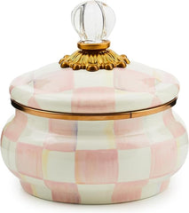 Enamel Squashed Pot, Cute Enameled Container with Lid, 20 Ounces, Pink-and-White Rosy Check