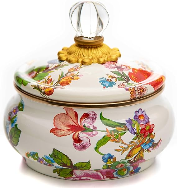 Enamel Squashed Pot, Cute Enameled Container with Lid, 20 Ounces, White Flower Market