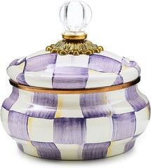 Enamel Squashed Pot, Enamelware Storage Canister with Lid, 20 Ounces, Purple-and-White Violet Check