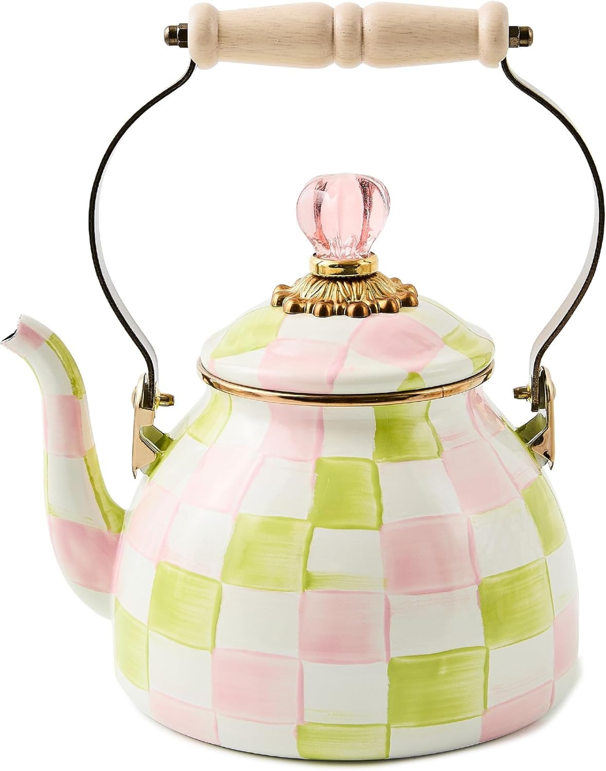 Enamel Tea Kettle, Cute Tea Kettle for Stovetop, 2 Quarts, Pastel Pink-and-Green Palm Beach Check