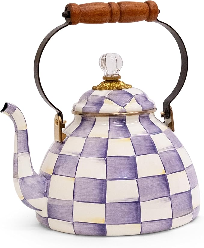 Enamel Tea Kettle, Decorative Tea Kettle for Stovetop, 3 Quarts, Purple-and-White Violet Check