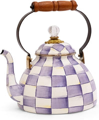 Enamel Tea Kettle, Decorative Tea Kettle for Stovetop, 3 Quarts, Purple-and-White Violet Check