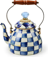 Enamel Tea Kettle, Stylish Tea Kettle for Stovetop, Blue-and-White Royal Check, 2 Quarts