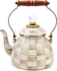 Enamel Tea Kettle, Stylish Tea Kettle for Stovetop, Brown-and-White Mocha Check, 2 Quarts