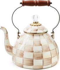 Enamel Tea Kettle, Stylish Tea Kettle for Stovetop, Brown-and-White Mocha Check, 3 Quarts
