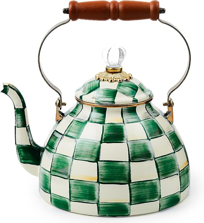 Enamel Tea Kettle, Stylish Tea Kettle for Stovetop, Green-and-White Emerald Check, 3 Quarts