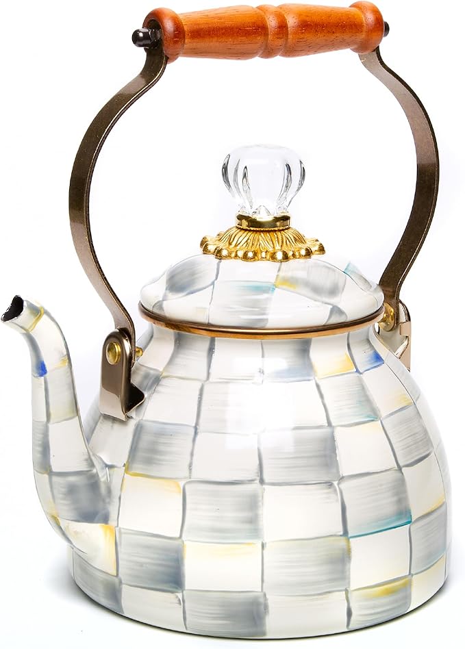 Enamel Tea Kettle, Stylish Tea Kettle for Stovetop, Grey-and-White Sterling Check, 2 Quarts