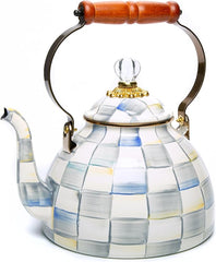 Enamel Tea Kettle, Stylish Tea Kettle for Stovetop, Grey-and-White Sterling Check, 3 Quarts