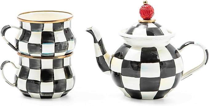 Enamel Tea Party Set, Unique Teapot and Teacups, Tea Accessories Set, Black-and-White Courtly Check