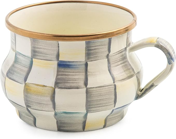 Enamel Teacup, Unique Coffee and Tea Mug, Enamel Cup for Hot Tea, 10 Ounces, Gray-and-White Sterling Check