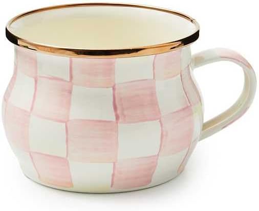 Enamel Teacup, Unique Coffee and Tea Mug, Enamel Cup for Hot Tea, 10 Ounces, Pink-and-White Rosy Check