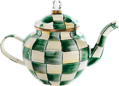 Enamel Teapot, Cute Small Teapot with Lid, 4-Cup Capacity, Green-and-White Emerald Check