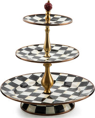 Enamel Three-Tier Sweet Stand, Three-Tiered Serving-Tray Stand, Party Food Display, Black-and-White Courtly Check