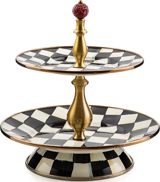 Enamel Two-Tier Sweet Stand, Two-Tiered Serving Tray for Dessert, Black-and-White Courtly Check