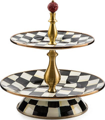 Enamel Two-Tier Sweet Stand, Two-Tiered Serving Tray for Dessert, Black-and-White Courtly Check